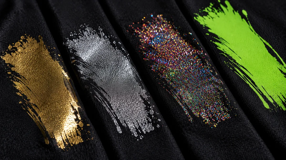 Campionario di stampe DTF con finiture speciali metallic, glitter e fluorescenti