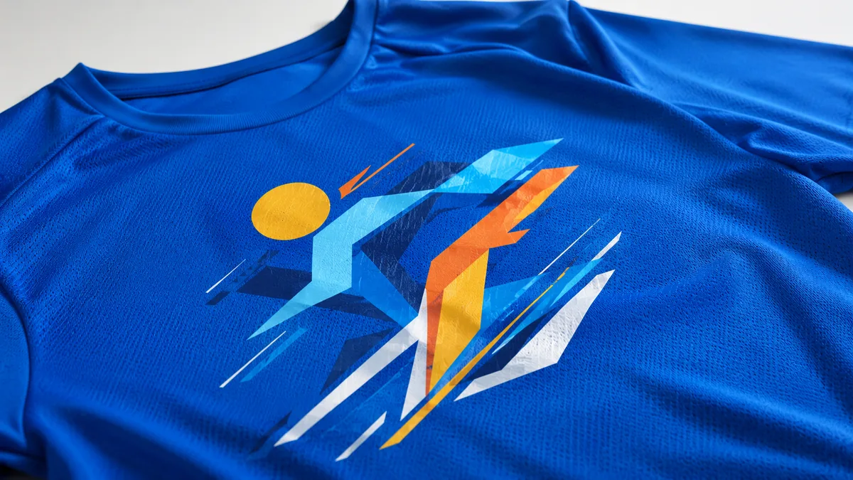 Maglia sportiva in poliestere colorato con stampa DTF anti-migrazione applicata